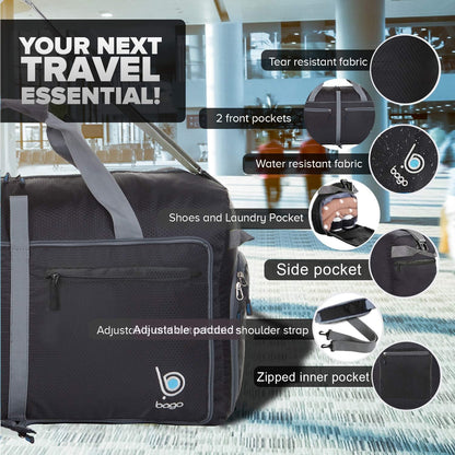 Bago Big XXL Foldable Duffel Bags for Traveling Women & Men - 140L Packable Duffle Bag for Travel with Shoe Compartment - Water Repellant, Heavy Duty, Lightweight Folding & Collapsible (Black)