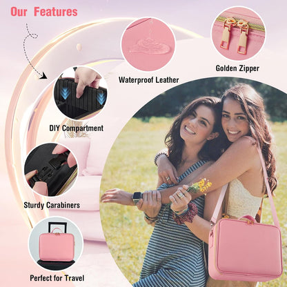 Mid-Size Makeup Bag with LED 1X5X10X20X30X Magnifying Mirror and Travel Makeup Train Case Cosmetic Organiser with Mirror and Separate Makeup Brush Panel, Portable Adjustable Divider, Pink