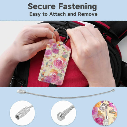 2 Pack Luggage Tag for Suitcase,Retro Flower Rose Leather Suitcase Tags Identifiers with Privacy Name Address Labels and Durable Steel Loop for Women Men Travel