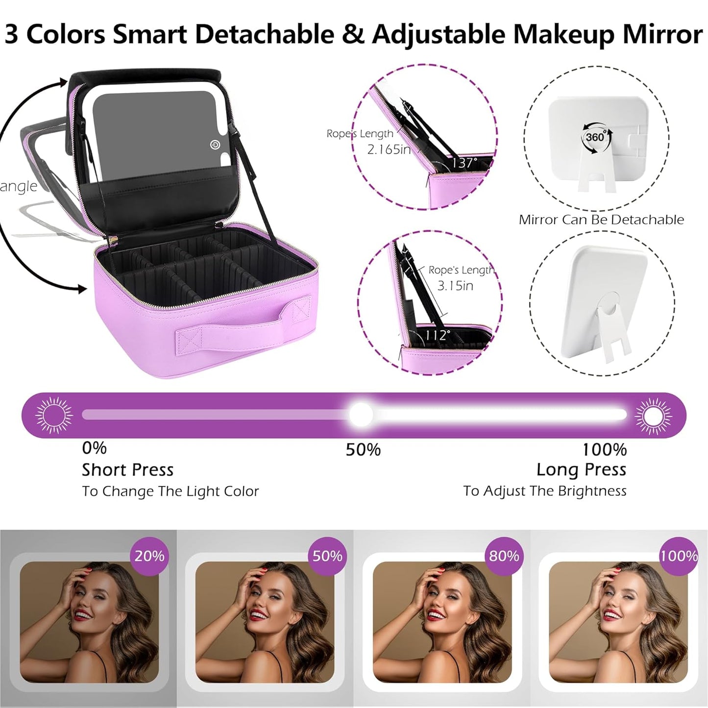 MOMIRA Travel Makeup Bag Cosmetic Bag Makeup Organizer Bag with Lighted Mirror, Adjustable Brightness in 3 Color Scenarios, Waterproof Makeup Train Case, Gift for Women - Purple
