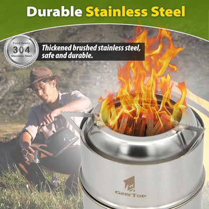 GEERTOP Portable Small Camping Stove with Fuel Canister Adapter Isobutane Ultralight Mini Stainless Steel Wood Burning Backpacking Stove Kit for Outdoor Hiking Emergency Cooking
