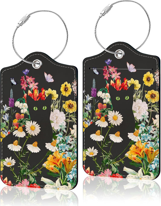 2 Pack Luggage Tag for Suitcase, Cute Unique Leather Suitcase Tags Identifiers with Privacy Name Address Labels & Durable Steel Loop for Women Men Travel