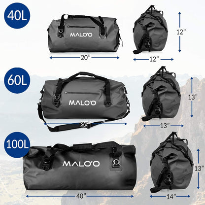 Malo'o Waterproof Dry Bag Duffel 40L/60L/100L, Roll Top Duffel Keeps Gear Dry for Kayaking, Rafting, Boating, Swimming, Camping, Hiking, Beach, Fishing - Internal & External Pockets