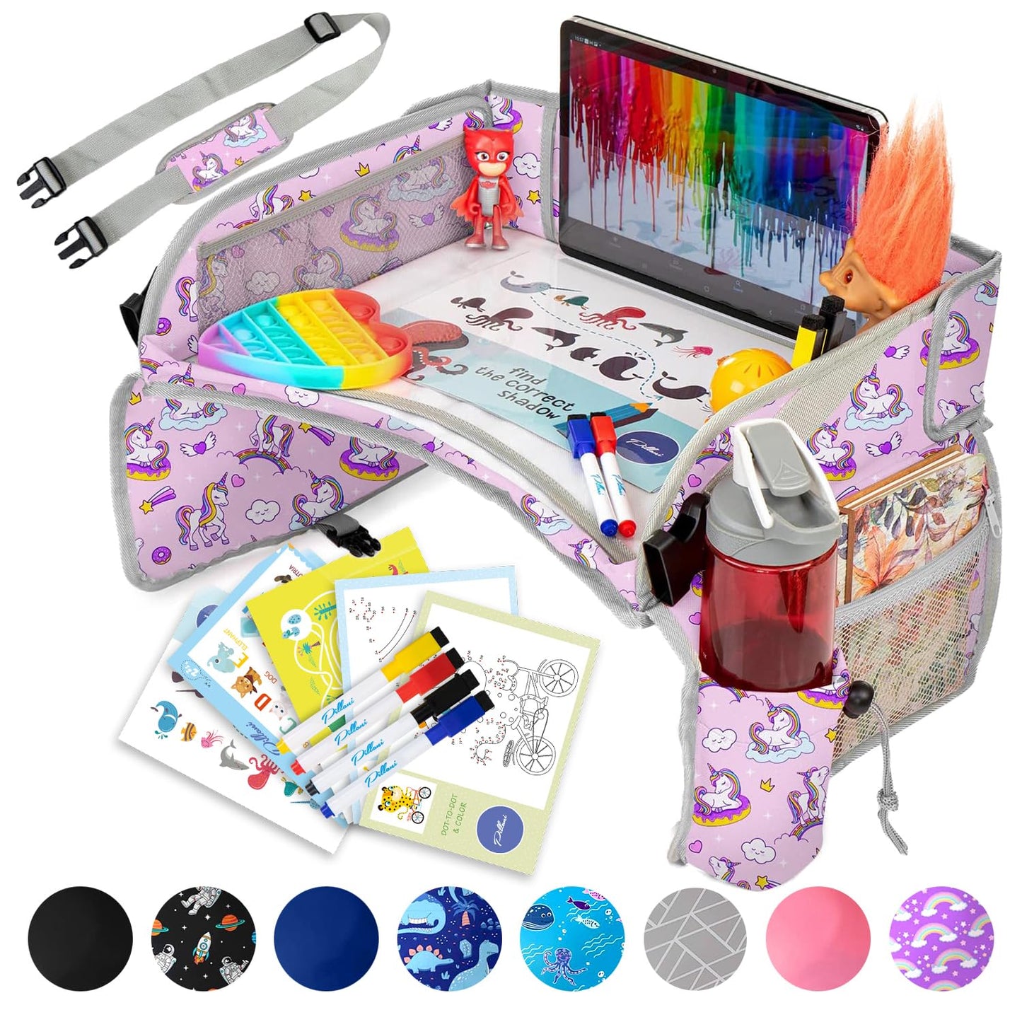 PILLANI Kids Travel Tray for Car - Car Seat Tray for Kids Travel, Road Trip Essentials Must Haves - Carseat Table Roadtrip Activities - Toddler Lap Desk Organizer for Airplane - Kids Travel Essentials