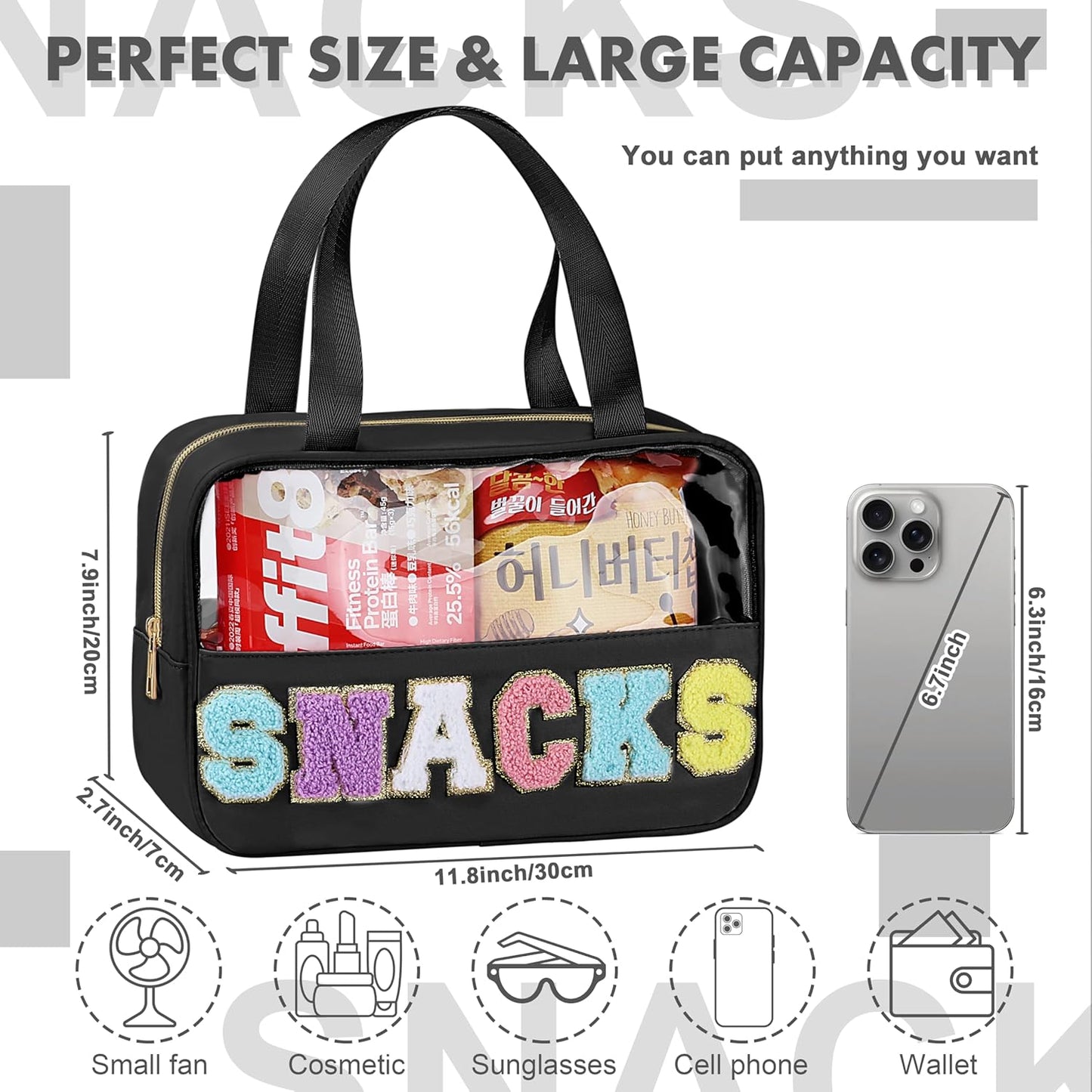 Snack Bag for Travel - Chenille Letter Clear Makeup Bag, Large Preppy Patch Snack Cosmetic Bag with Handle and Zipper, Cute Makeup Pouch Nylon&PVC Waterproof Toiletry Organizer Storage for Women