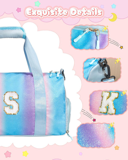 Birthday Gifts for Granddaughter-Girl Gym Bag with Shoe Compartment, Kid Personalized Weekender Overnight Bags, Initial Travel Tote with Makeup Pouch Valentine's Day Gift for Kids (Letter I)