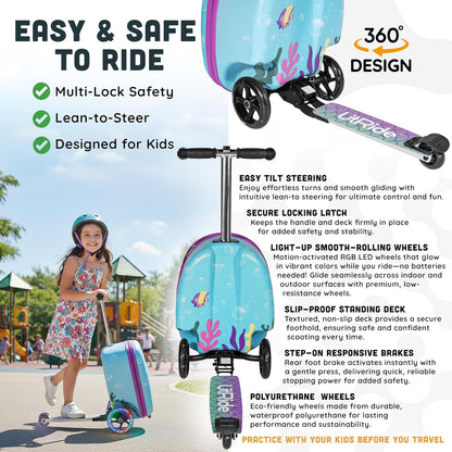 Hardshell Kids Ride-On Luggage with Scooter Suitcase – Carry-On Compliant with LED Light-Up Wheels – Fun and Functional Travel Companion for Children Ages 5–12