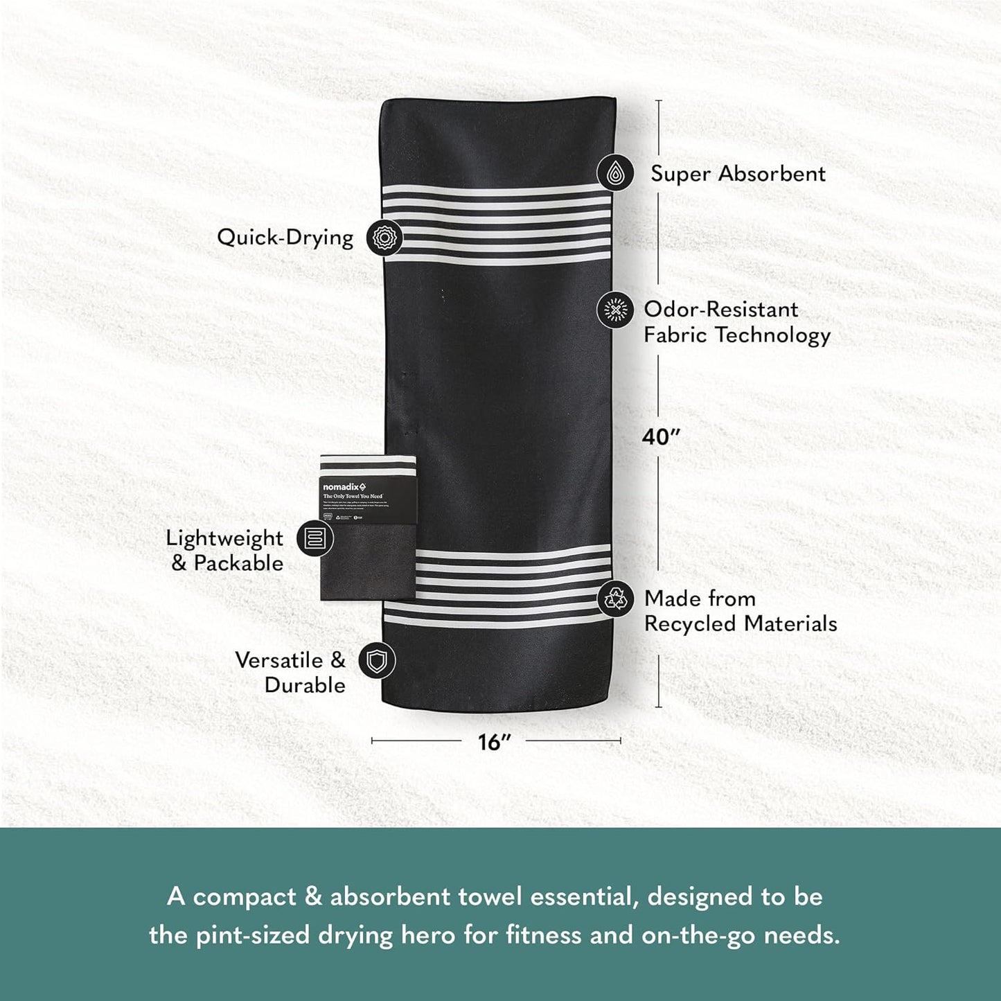 Nomadix Mini Towel - Perfect for The Gym, Biking, Hiking, Golf, & More - Made with Recycled Materials - Super Absorbent - Quick Dry - Sand Resistant - Poolside Black - 40x16 in