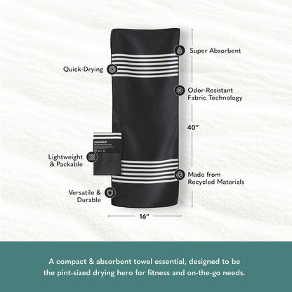 Nomadix Mini Towel - Perfect for The Gym, Biking, Hiking, Golf, & More - Made with Recycled Materials - Super Absorbent - Quick Dry - Sand Resistant - Poolside Black - 40x16 in