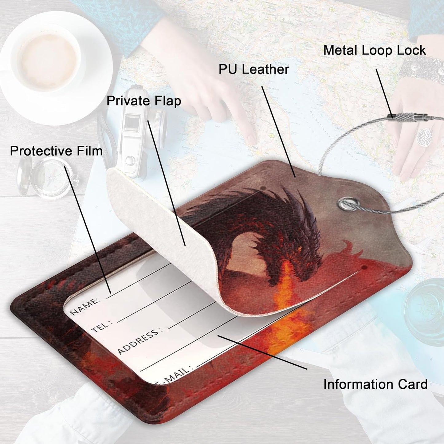 2Pcs Luggage Tag for Suitcase Trippy Fire Dragon Cute Suitcase Tag with Privacy Flap & Name ID Label & Metal Loop, Travel Bag Luggage Tags for Women