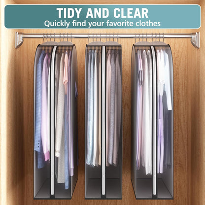 10" Gusseted Garment Bags for Hanging Clothes 40" Suit Bags for Open Closet Storage, Side Clear Clothing Cover for Coat, Dress, Jacket, Shirt, Fur Wardrobe Protector, 3 Packs, Grey