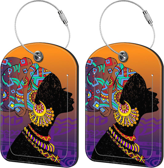 2 Pack Cute Luggage Tag for Suitcases African Girl Leather Luggage Tags with Stainless Steel Loop Privacy Flap Name Tags,Men and Women Travel Bag Suitcase Tags
