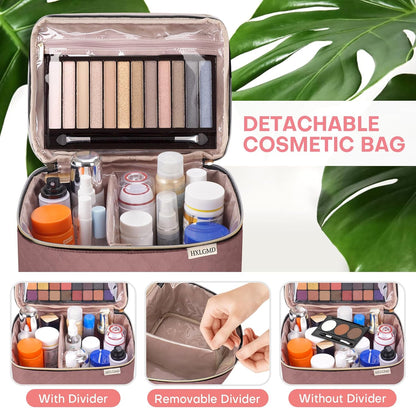 Large Makeup Bag with Mirror Double Layer Travel Make Up Organizer Case, Large Capacity Coemetic Bag with Brush Slot Divider