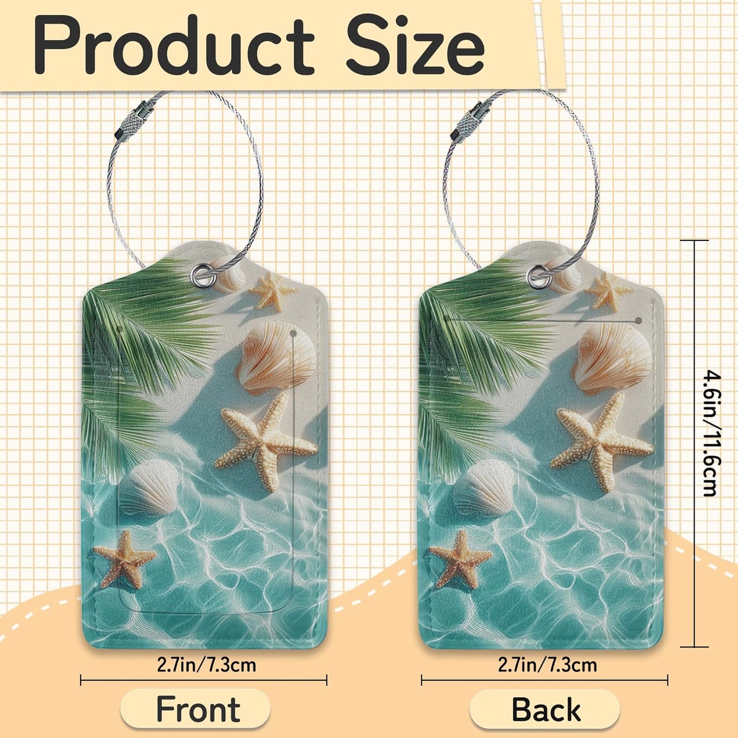 Starfish Seashell on Beach Luggage Tags for Suitcase,3 Pack Luggage Tag Leather Privacy Cover ID Label with Stainless Steel Loop for Women Men