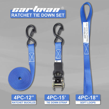 Cartman Ratchet Tie Down Straps 4PK 2,000lb Max Break Strength with Premium 1" x 15' Rachet Tie Downs with Padded Handles, 4PK 1" x 18" Soft Loop for Moving, Securing Cargo
