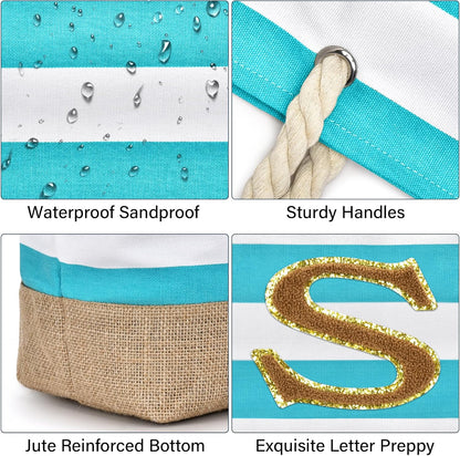 Becokan Beach Bag Initial Beach Tote with Makeup Bag for Travel Work Storage Personalized Birthday Gifts for Women Her