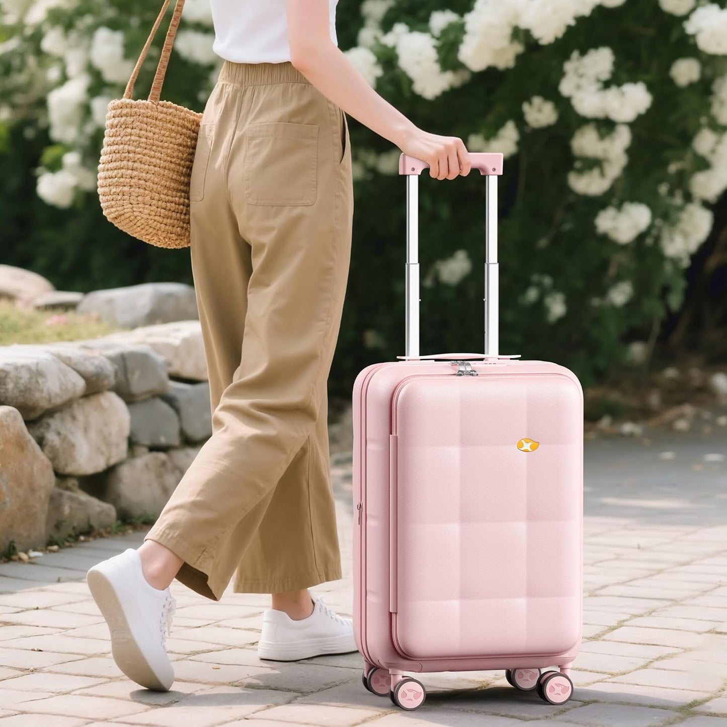 MGB 20 Inch Expandable Carry On Luggage with Wheels PC Hard Shell Suitcase Top Opening Travel Luggage Suitcases for Woman Men Gifts (Pink)