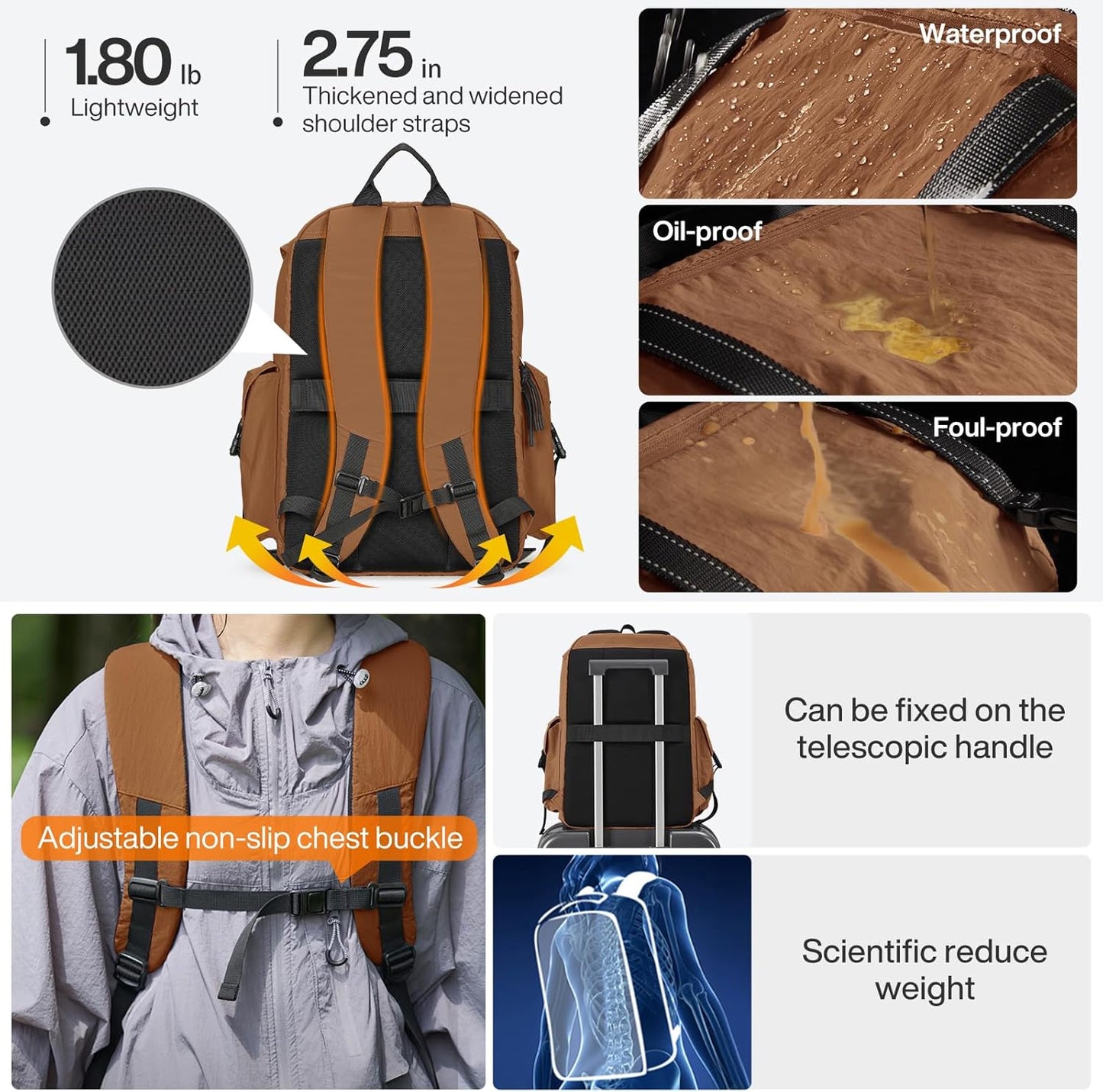 mixi Travel Backpack for Women Men, 18 Inch Carry On Laptop Backpack Flight Approved fits 16'' Laptop, Lightweight Waterproof Hiking Backpack Travel Outdoor Business Casual Daypack, Brown