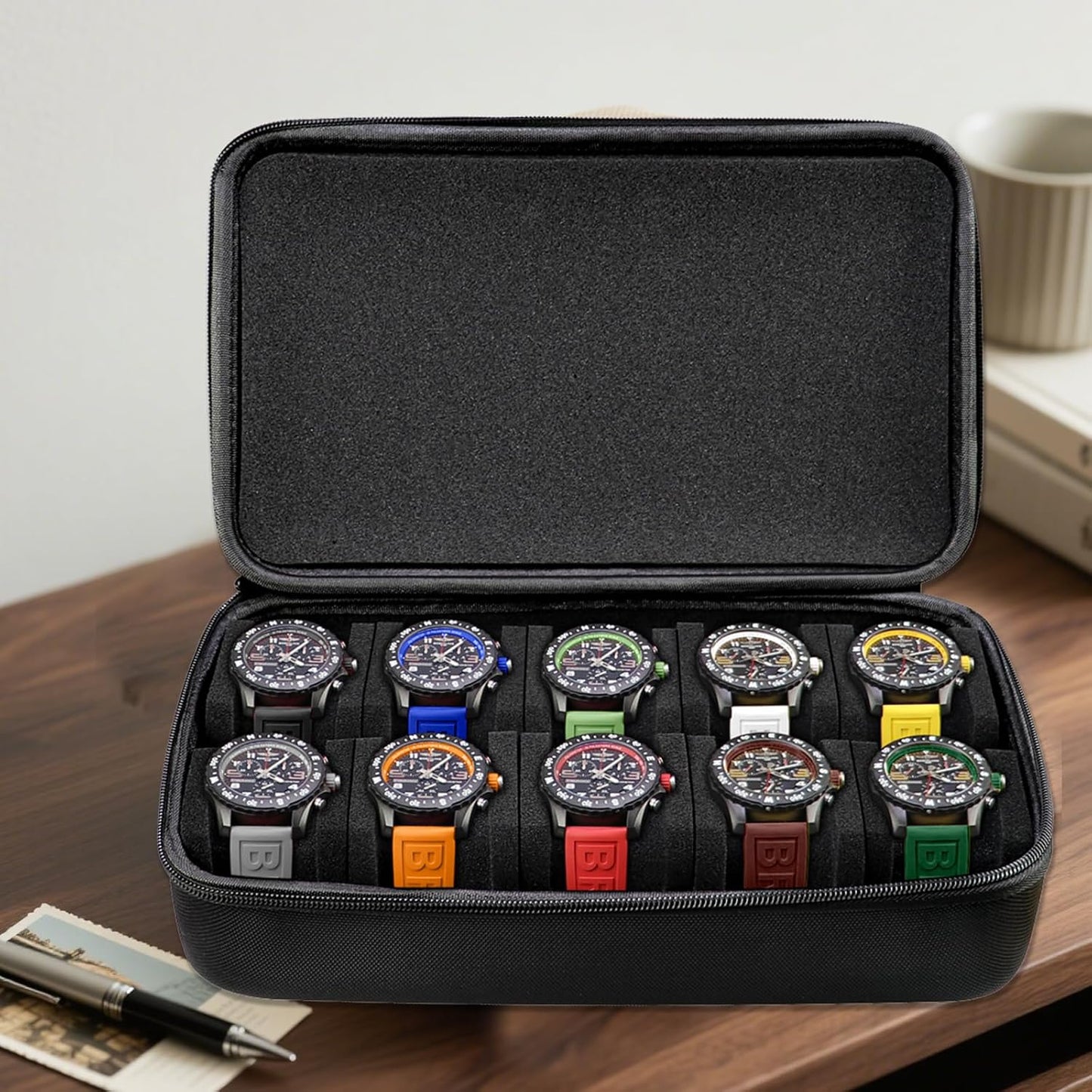 Juntan 10 Slots Hard Watch Travel Case, Portable Nylon Zipper Storage Organizer Box for Men Women with Soft Compressible Foam Pillow Black