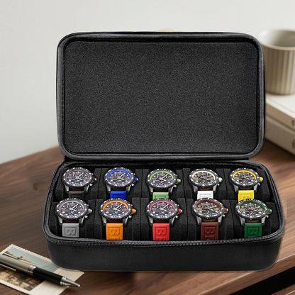 Juntan 10 Slots Hard Watch Travel Case, Portable Nylon Zipper Storage Organizer Box for Men Women with Soft Compressible Foam Pillow Black