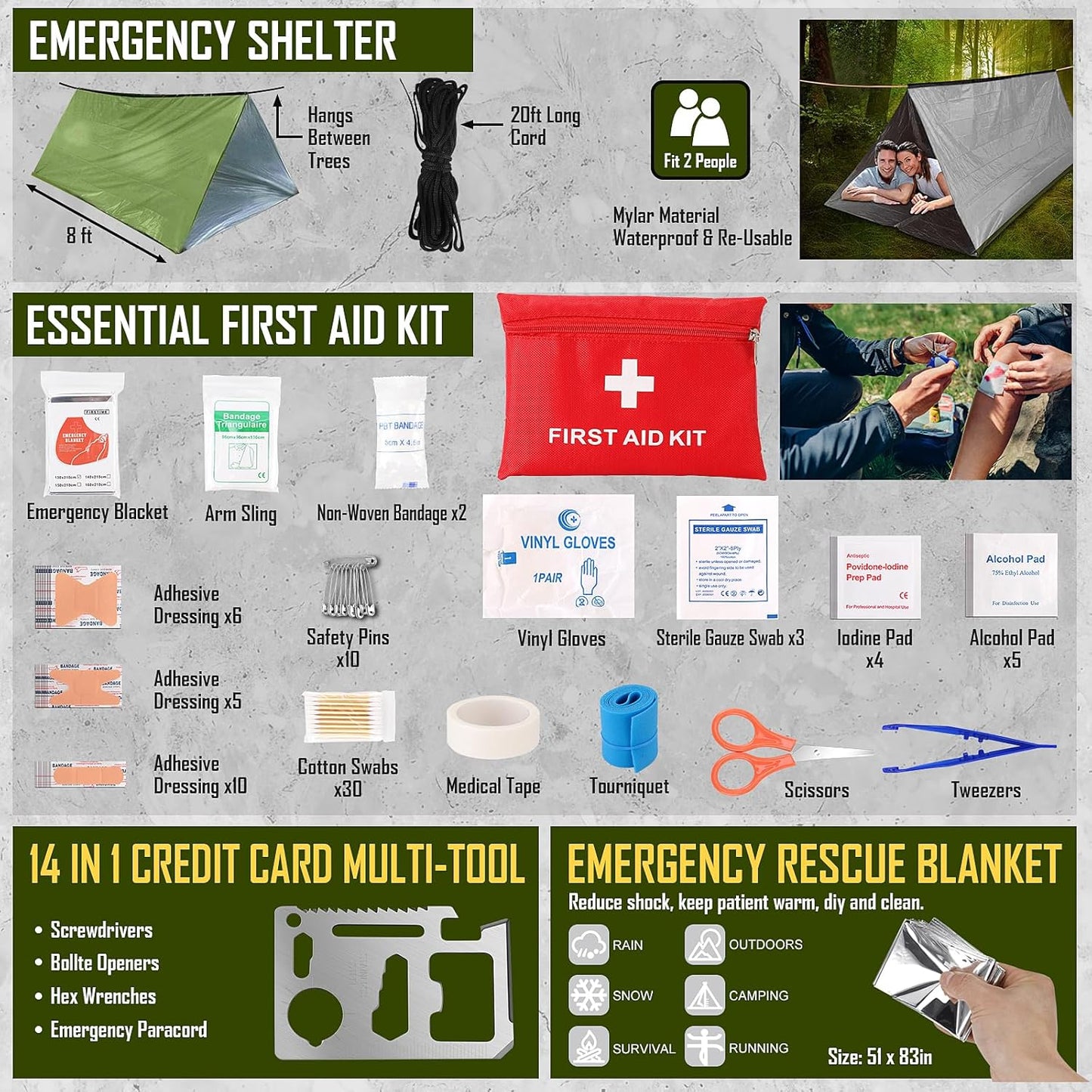 Survival Kit, 268 Pcs Emergency Survival Gear and Equipment Supplies with First Aid Kit, Camping Axe, Headlamp, Tent, Crossbody Bag for Camping Hiking, Hunting, Car, Gift for Christmas Men, Dads, Him