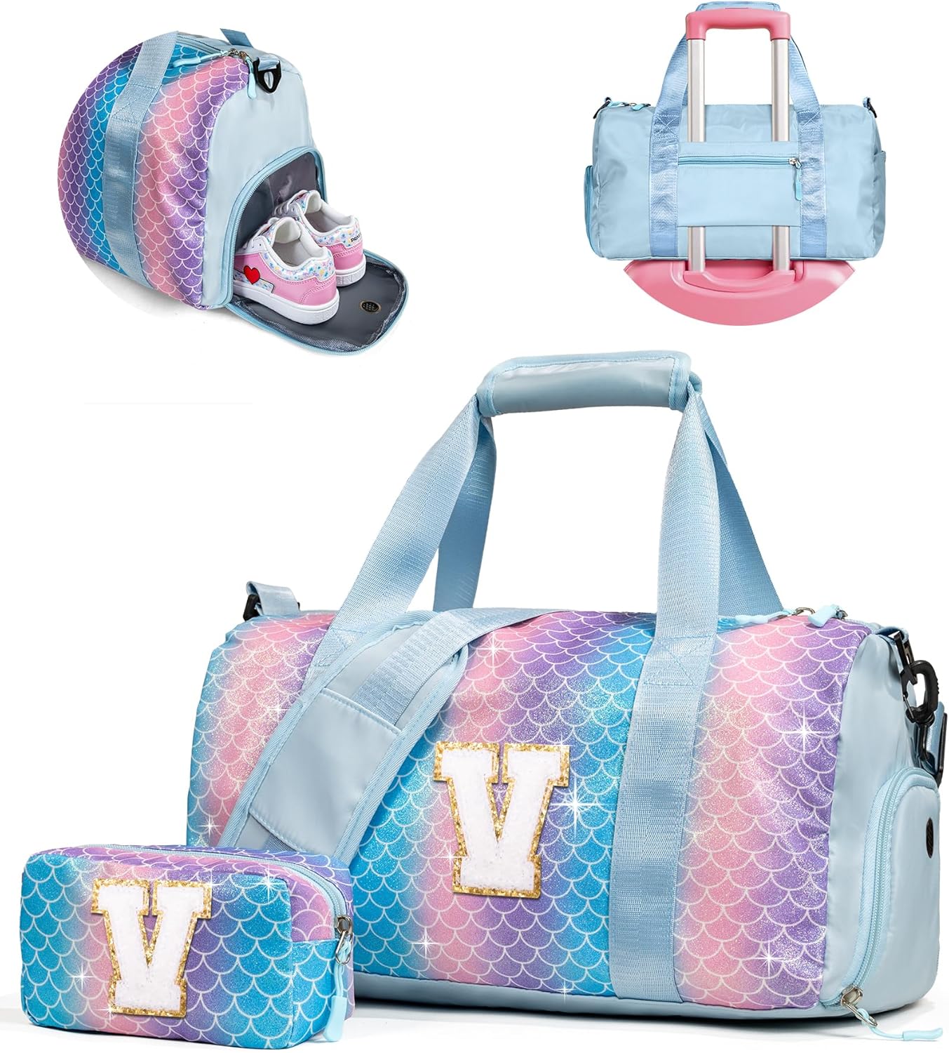 Girls Gifts 9-10 Year Old-Girl Gym Bag with Shoe Compartment, Kid Personalized Weekender Overnight Bags, Initial Travel Tote with Makeup Pouch, Kids Easter Gift (Letter V)
