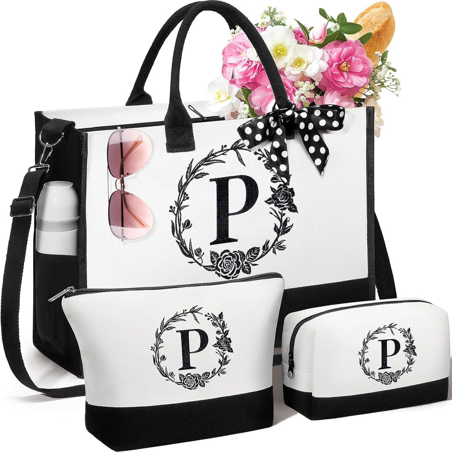 Personalized Mothers Day Gifts for Women, Initial Canvas Tote Bag & Makeup Bag Monogrammed Beach Tote Bag for Women w/Zipper, Birthday Gifts for Women Mom Her Girlfriend Wife Sister Friend Daughter