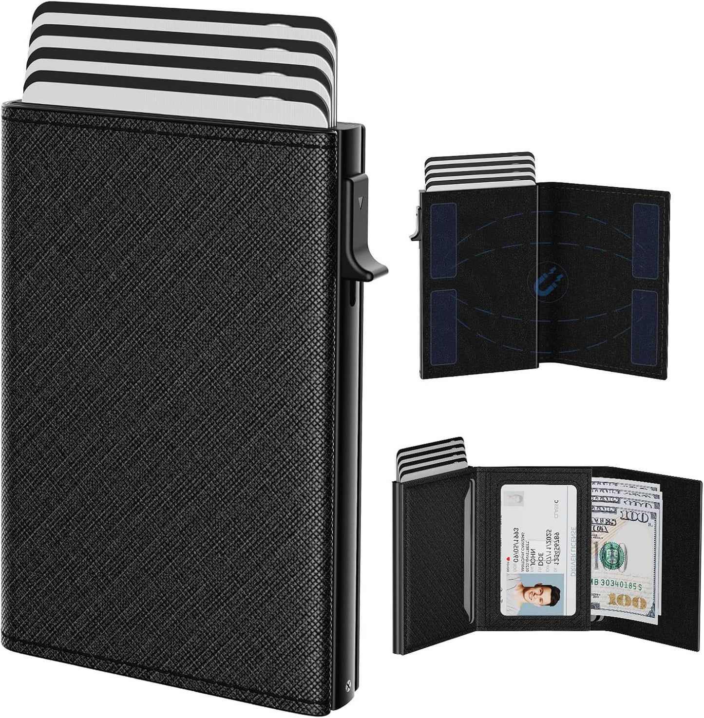 typecase Mens Wallet Card Holder: Pop Up Aluminum Case, Genuine Leather, Smart, RFID Blocking, Slim, Minimalist, Front Pocket - 9-14 Card Capacity | ID Window | Cash Slot (Cross Black)