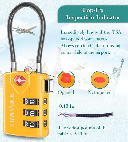 Search Alert TSA Approved Travel Combination Luggage Cable Locks for Suitcase, Gym Locker,Toolbox,Backpack 1,2,4,6 &10 pk (Yellow 2 Pack)