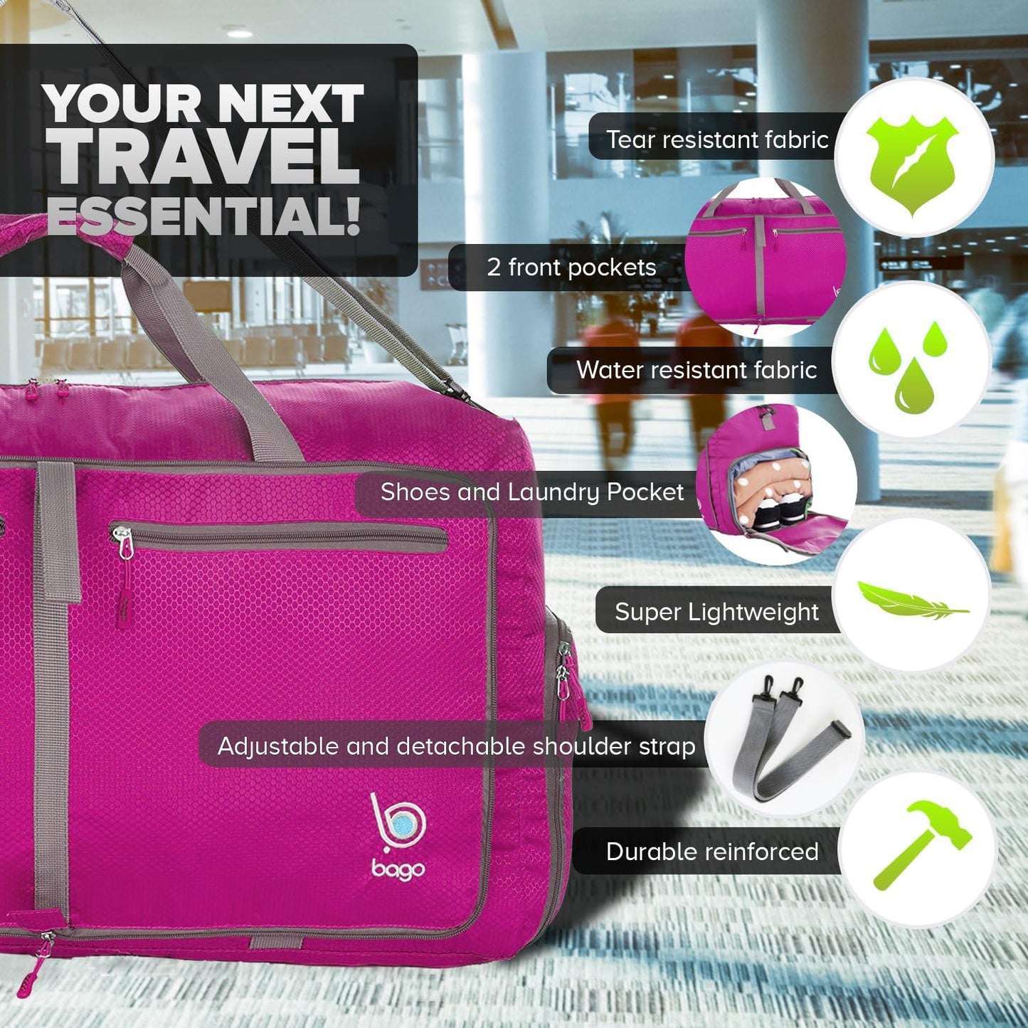 Bago Foldable Duffel Bags for Traveling Women & Men - 60L Medium Packable Duffle Bag for Travel with Shoe Compartment - Water Repellant, Heavy Duty, Lightweight Folding & Collapsible (Pink)