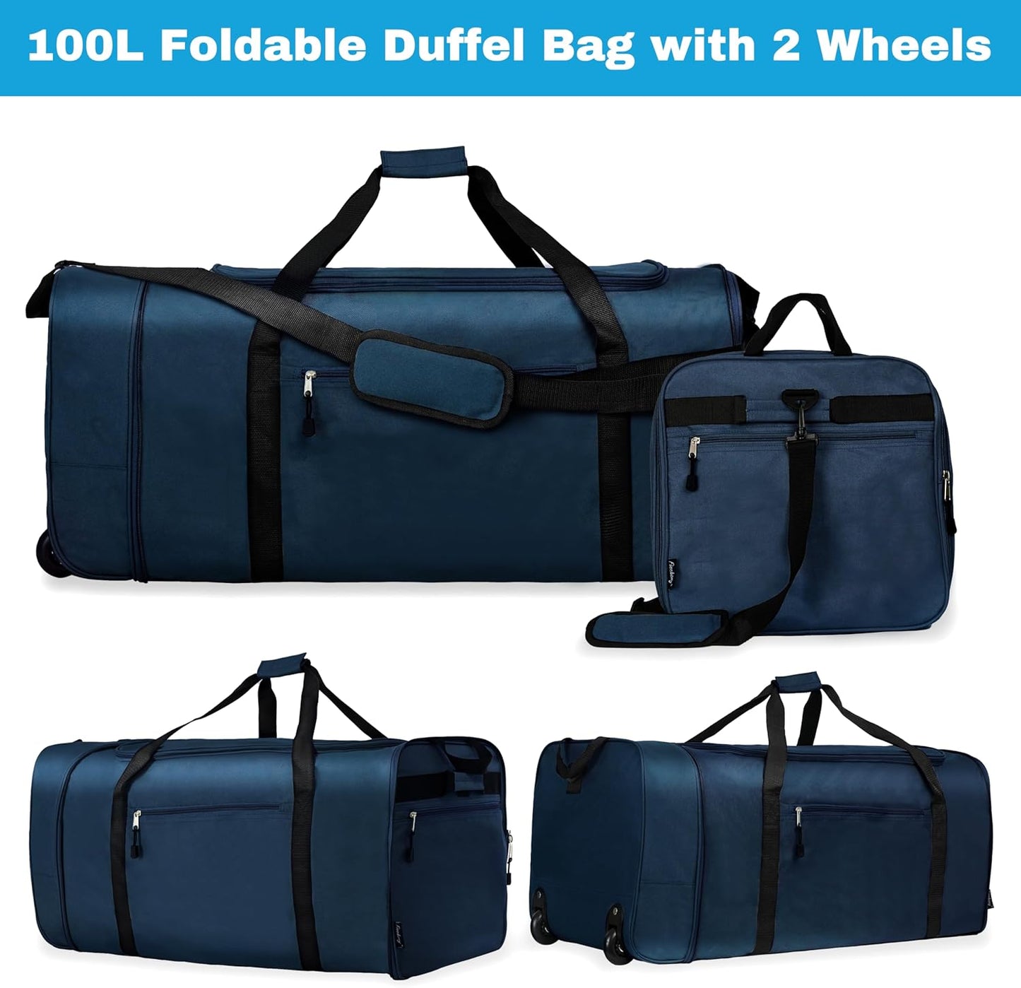 Finnhomy 100L Foldable Rolling Duffel Bag with 2 Wheels, Light Weight Travel Duffel bag with Large Loading Capacity, 32 inch Rolling Duffel bag with Shoulder Strap for Travel Camping Sports, Dark Blue