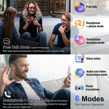 AI Language Translator Earbuds Real Time, 164 Language/6 Translation Modes Translator Earbuds 3-in-1 Translation Headphones, Bluetooth 5.4 Translation Device for Travel Business Learning, Black