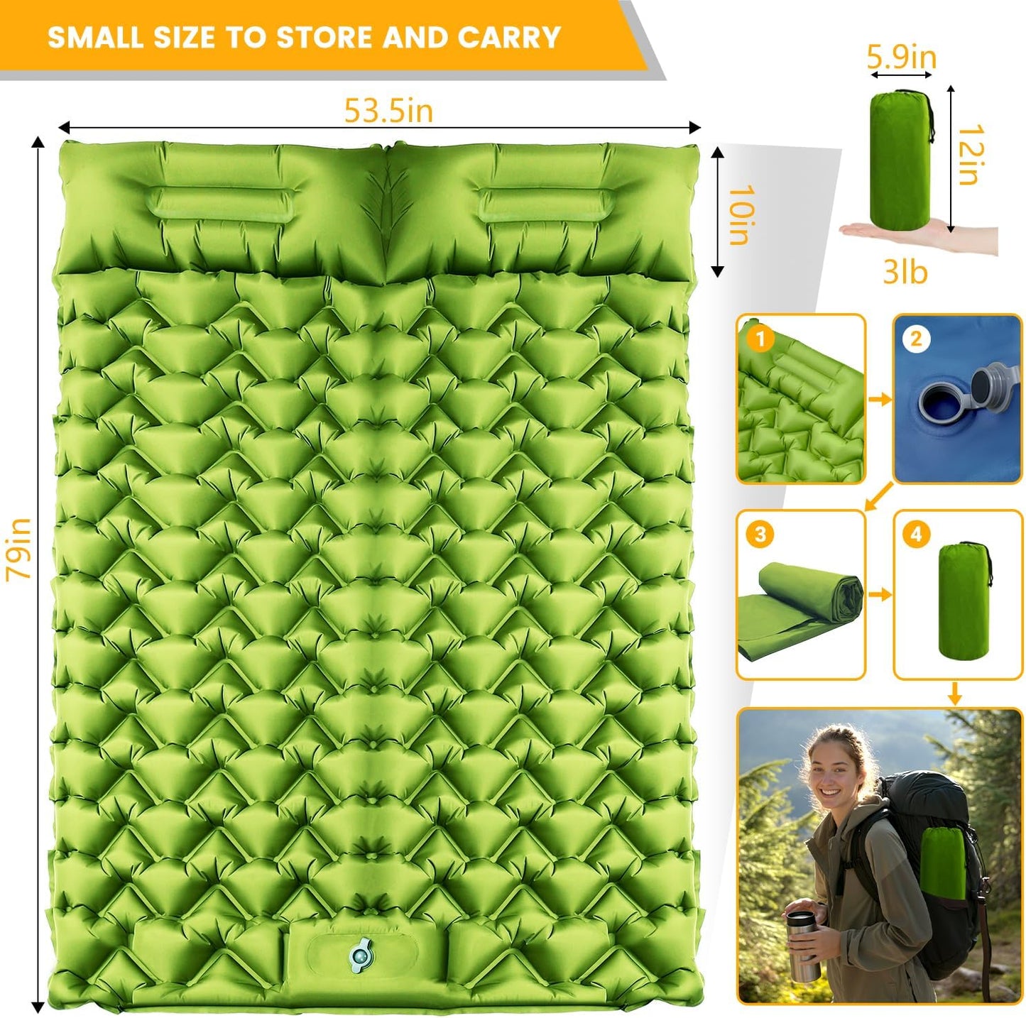 Double Sleeping Pad, Ultralight 4in Extra-Thick for 2 Person with Built-in Pillow & Foot Pump Sleep Mat, Compact Inflatable Camping Mat for Backpacking Hiking Travel Tent Camp Gear Gifts