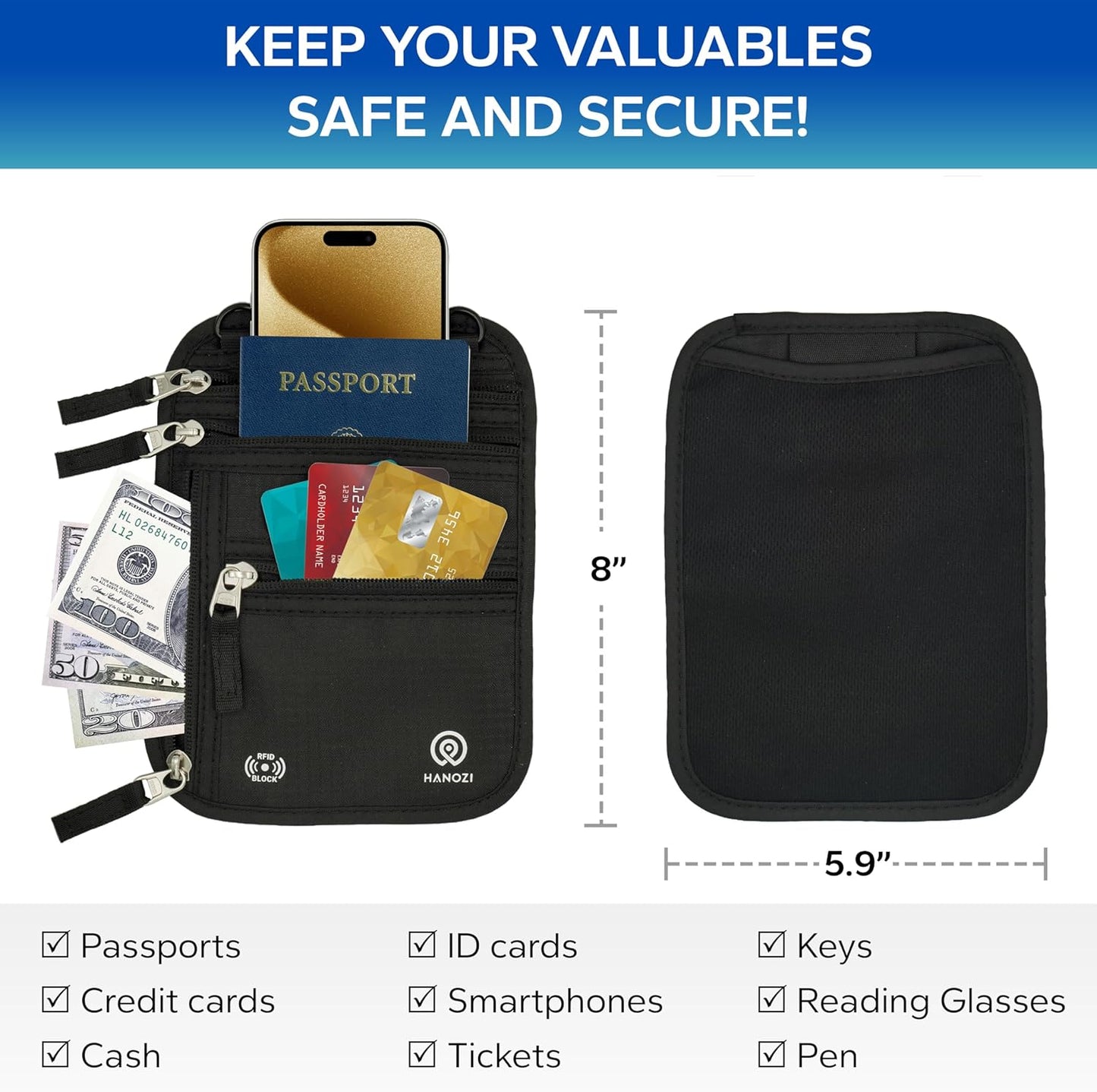 Neck Wallet – Travel Pouch and RFID Blocking Passport Holder for Women and Men, Easy to Conceal Passport Wallet, Slim Travel Wallet to Keep Your Cash, Passport, Cards and Documents Safe (Black)