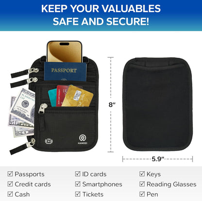Neck Wallet – Travel Pouch and RFID Blocking Passport Holder for Women and Men, Easy to Conceal Passport Wallet, Slim Travel Wallet to Keep Your Cash, Passport, Cards and Documents Safe (Black)