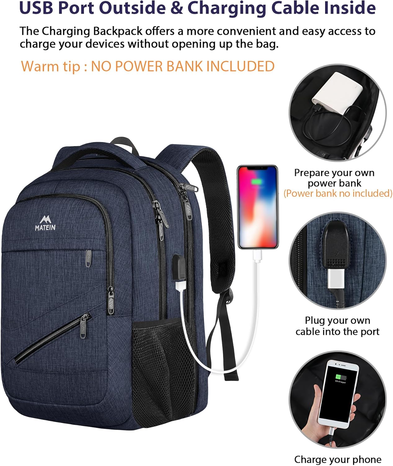 MATEIN 17 Inch Laptop Backpack, Large College Backpack Carry On TSA Approved with Trolley Sleeve, Computer Work Bag with USB Charging Port, Water Resistant Travel Daypack for Men, Dark Blue