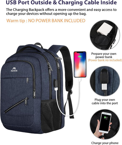 MATEIN 17 Inch Laptop Backpack, Large College Backpack Carry On TSA Approved with Trolley Sleeve, Computer Work Bag with USB Charging Port, Water Resistant Travel Daypack for Men, Dark Blue