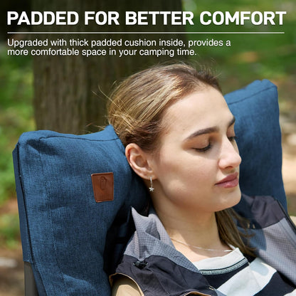 EVER ADVANCED Padded Oversized Folding Camping Chair for Adults, Heavy Duty Lawn Chair with Side Pockets, Portable Collapsible Quad Chair for Outside, Support Up to 500lbs, Blue