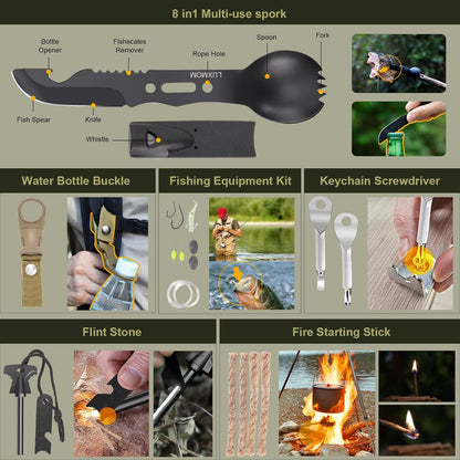 XUANLAN Emergency Survival Kit, Outdoor Survival Gear Tool with Survival Bracelet, Fire Starter, Whistle, Wood Cutter, Water Bottle Clip, Pen (29 in 1)
