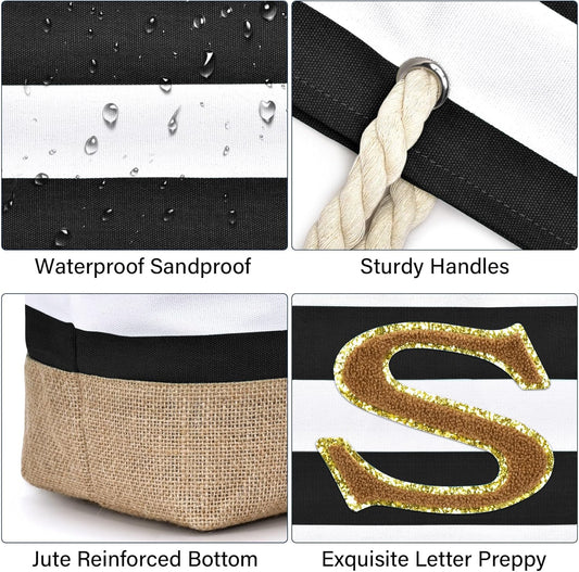 Becokan Beach Bag Initial Beach Tote with Makeup Bag for Travel Work Storage Personalized Birthday Gifts for Women Her