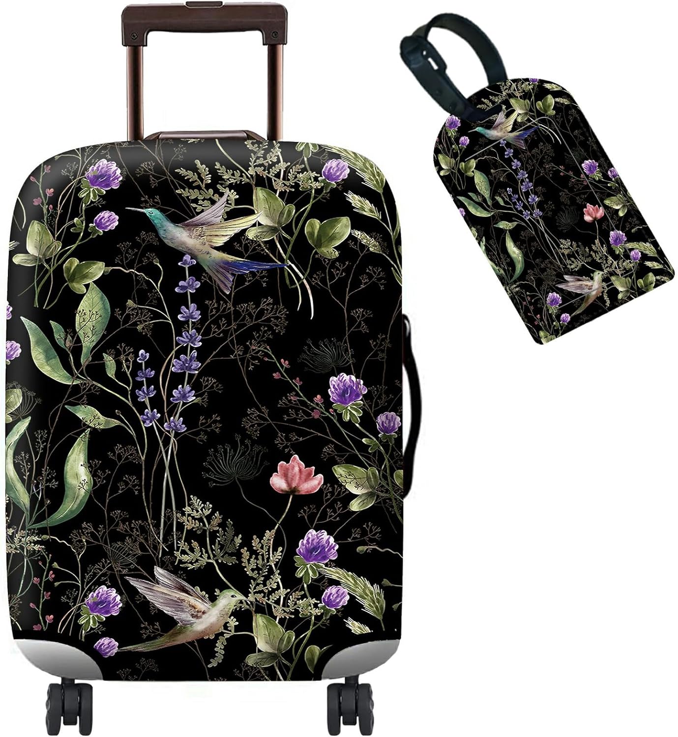 Luggage Cover Suitcase Protector + Luggage Tag, Wild Flowers Hummingbird Travel Suitcase Cover for 18-20 inch Luggage (S) with Concealed Zipper Washable Elastic Cloth Dustproof Anti-Scratch