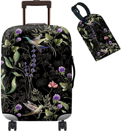 Luggage Cover Suitcase Protector + Luggage Tag, Wild Flowers Hummingbird Travel Suitcase Cover for 18-20 inch Luggage (S) with Concealed Zipper Washable Elastic Cloth Dustproof Anti-Scratch