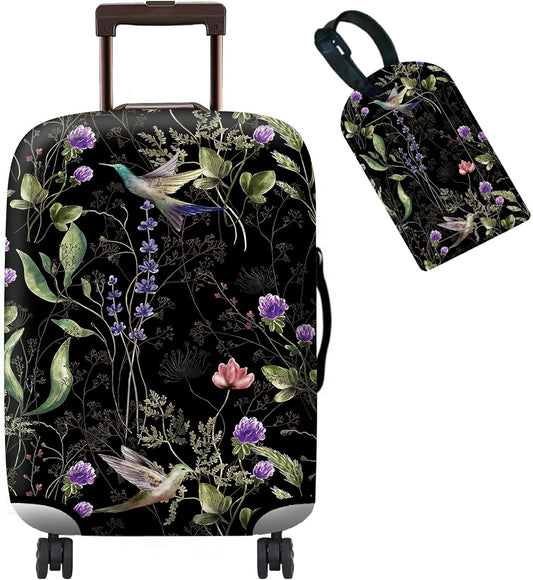 Luggage Cover Suitcase Protector + Luggage Tag, Wild Flowers Hummingbird Travel Suitcase Cover for 18-20 inch Luggage (S) with Concealed Zipper Washable Elastic Cloth Dustproof Anti-Scratch