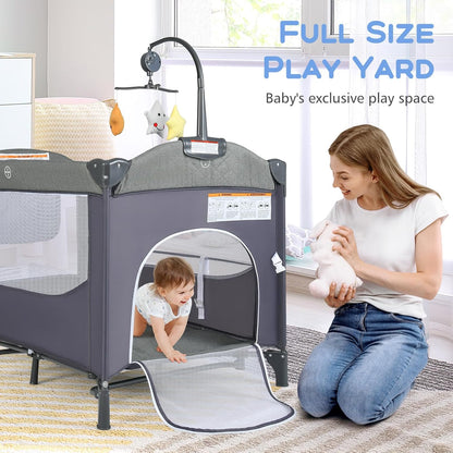 INFANS Pack and Play, 5 in 1 Baby Bedside Sleeper with Bassinet, Diaper Changer, Mattress, Carry Bag, Music Box Hanging Toys, Foldable Bedside Crib, Portable Playard for Newborn Toddlers (Classic)