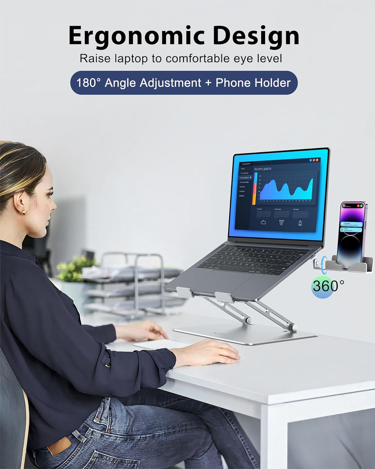 Adjustale Laptop Stand for Desk with Phone Holder, Aluminum Universal Computer Stand for Laptop, Ergonomic Computer Stands Compatible with MacBook Air, Pro, All 11-16'' Notebooks Laptops, Silver