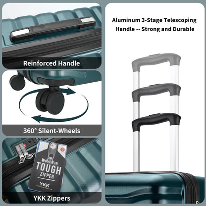 Lightweight Luggage with Spinner Wheels & YKK Zipper, 3-Piece Suitcase ABS+PC Hardside Hard Shell Luggage Set with TSA Lock, Teal Blue (20+24+28 inch)