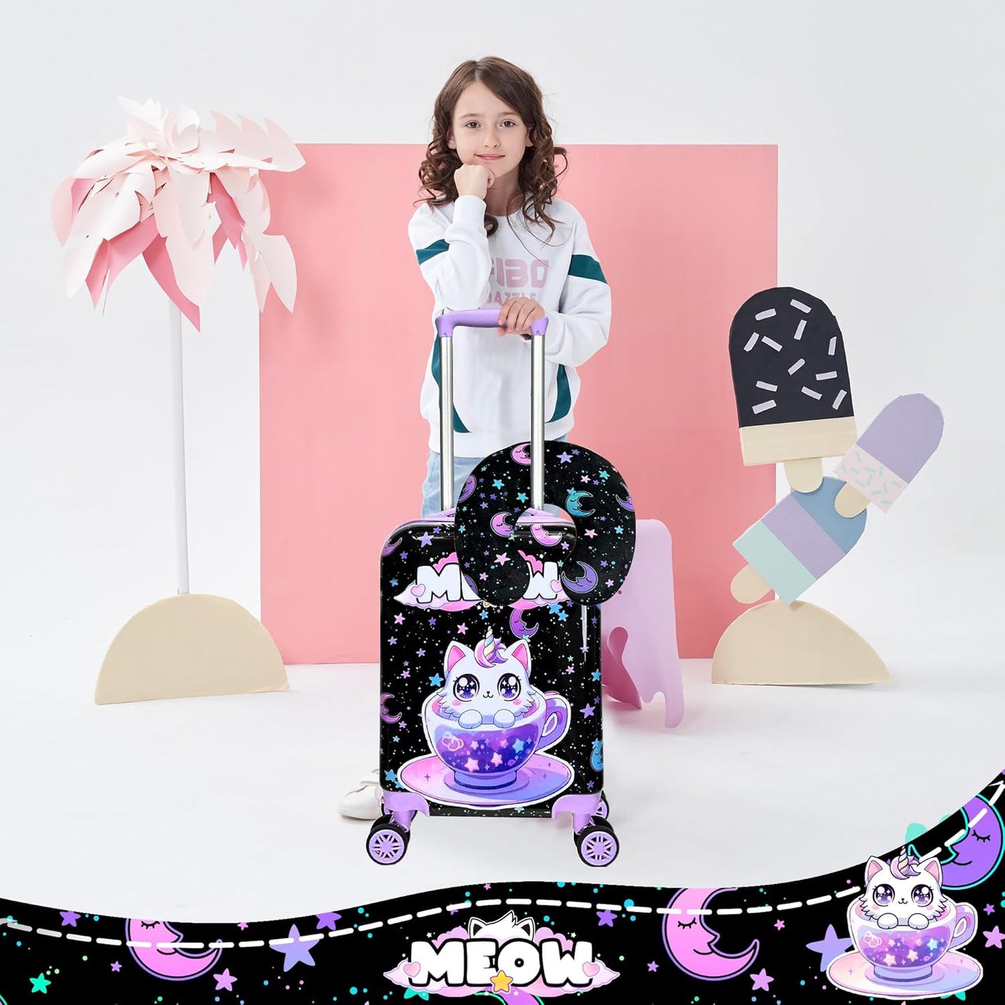 Cute Black Cat Kid's Luggage Set 2 Piece Suitcase Set 16" Hardside Luggage with Spinner Wheels Girls Carry on Toddler Travel Rolling Luggage Airline Approved