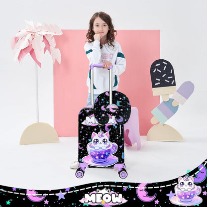 Cute Black Cat Kid's Luggage Set 2 Piece Suitcase Set 16" Hardside Luggage with Spinner Wheels Girls Carry on Toddler Travel Rolling Luggage Airline Approved