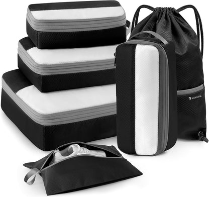 6 Set Compression Packing Cubes for Travel, Bonus Versatile Drawstring Backpack, Lightweight Luggage Organizer Bags, Sturdy Travel Accessories for Suitcase, Black