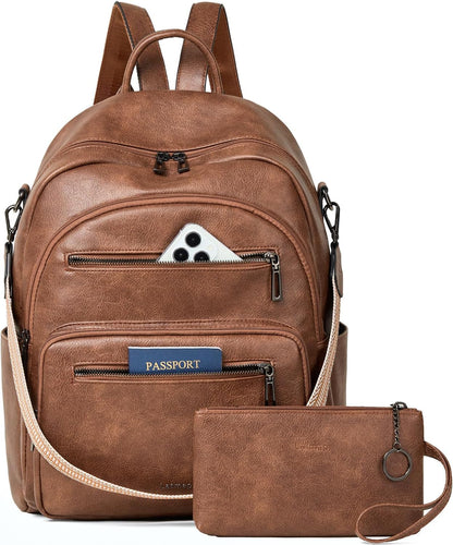 Backpack Purse for Women Laptop Backpack, Leather Travel Backpack Shoulder Bag Teacher College Daypack Work Handbag fits 14" Laptop-Brown